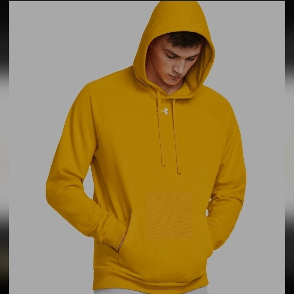 Under Armour Rival Fleece Hoodie. Steeltown Gold / White. Size Large